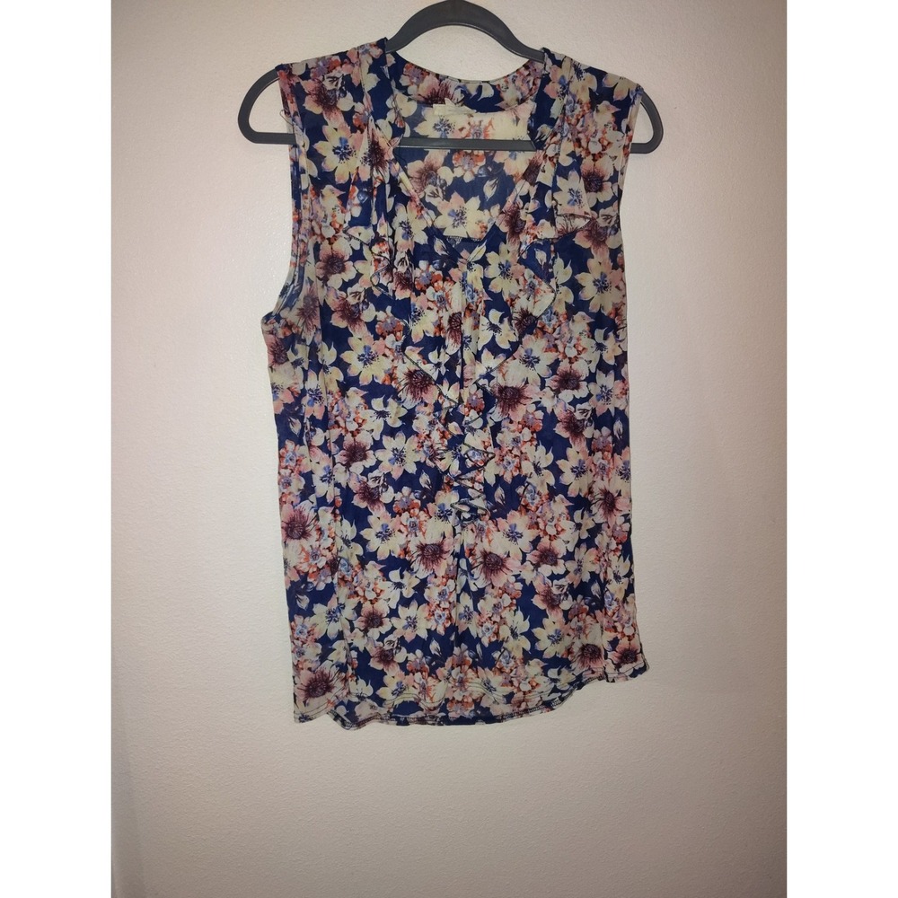 Siren Lily Women Plus 1X Floral Ruffle V-Neck Sleeveless Blouse‎ Blue Pink Cream
